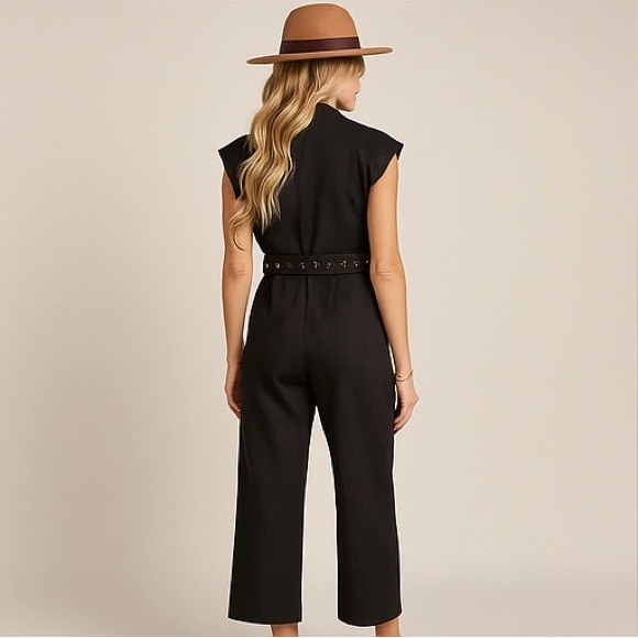 NWT 100% Cotton Black Gold Front-Zip Capped Sleeve Jumpsuit with Belt, XL - Picture 2 of 12